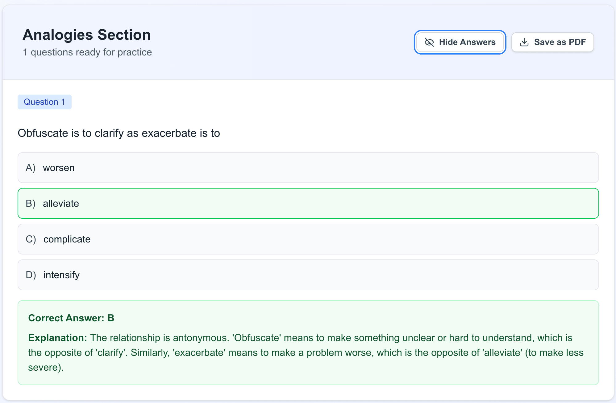 SmartSSAT Analogy Practice Interface