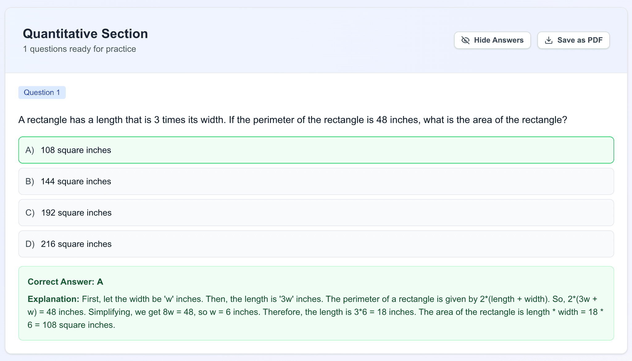 SmartSSAT Quantitative Practice Interface