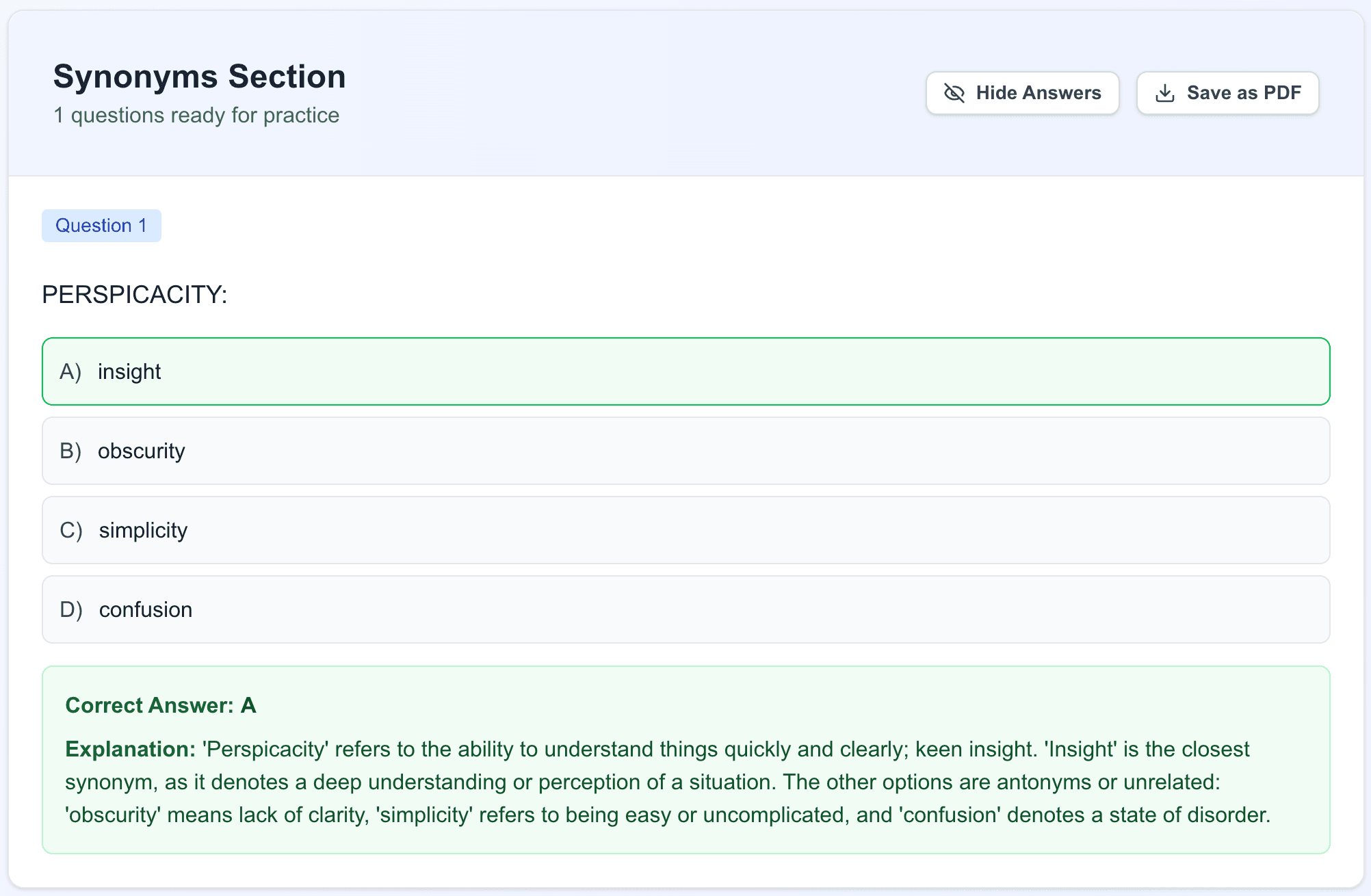 SmartSSAT Synonym Practice Interface